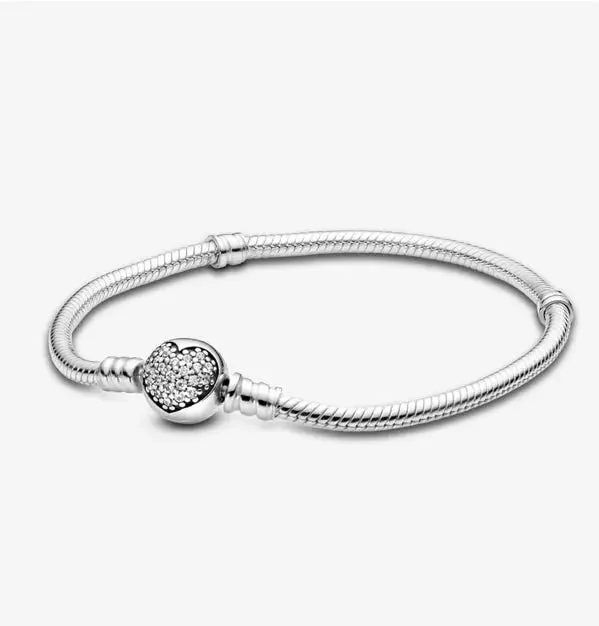 ladies bracelet chunky braided-Pandora Moments Sparkling Heart Clasp Snake Chain Bracelet