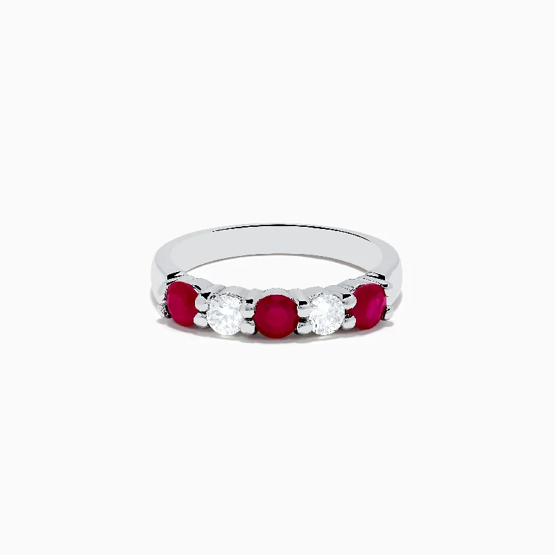 Ladies rings wide band designs-14K White Gold Ruby and Diamond Stacking Band, 1.14 TCW