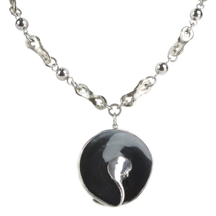 ladies necklace luxury cross-Black Shell & Sterling Silver Swirl Pendant Necklace