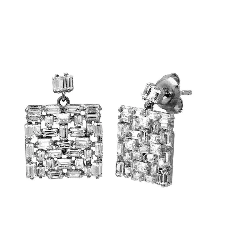 Ladies earrings black diamond earrings-Rhodium Plated 925 Sterling Silver Square Multi Baguette CZ Dangling Earrings - GME00099