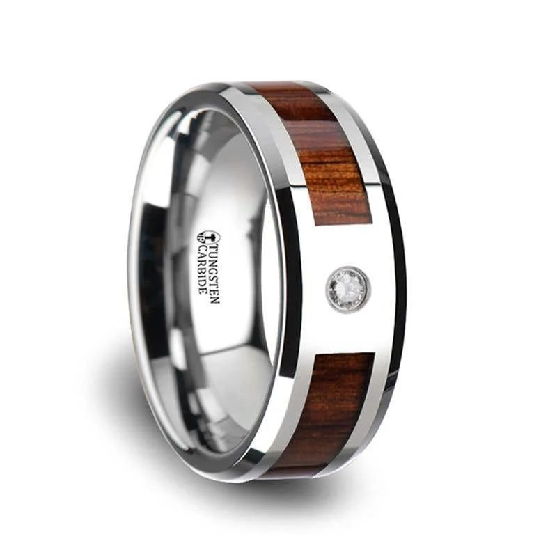 Ladies rings Christmas gift designs-Thorsten KAHUNA Tungsten Carbide Beveled Edged Diamond Wedding Band with Koa Wood Inlay & Polished Edges - 8mm