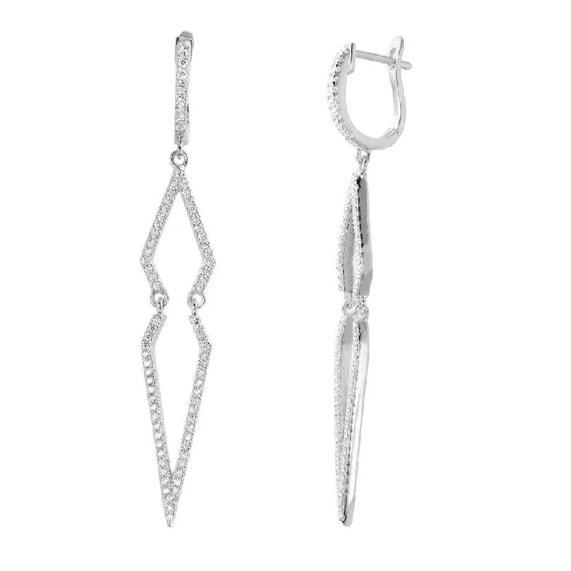 Ladies earrings autumn tone styles-Silver 925 Rhodium Plated Dangling Geometric CZ huggie hoop Earrings - ACE00094RH