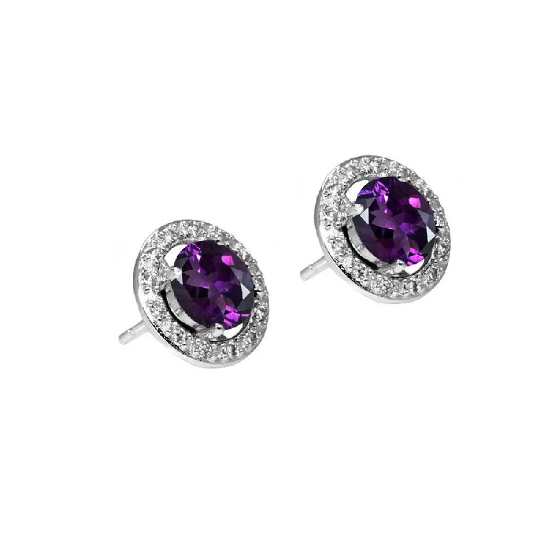 Ladies earrings 2025 style trends-Silver 925 Rhodium Plated Purple and Clear Round CZ Stud Earrings - BGE00332