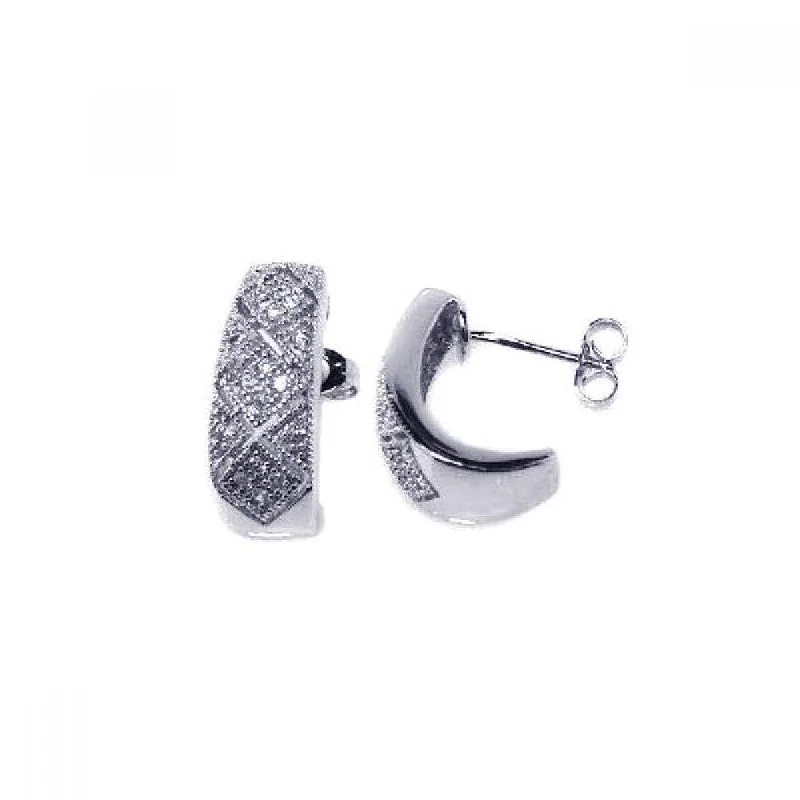 Ladies earrings oversized hoop styles-Silver 925 Rhodium Plated Crescent Micro Pave Clear CZ Stud Post Earrings - ACE00007