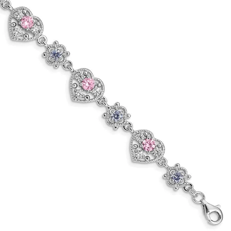 ladies bracelet elegant initial-Sterling Silver Rhod-plated 7inch Pink and Clear CZ Heart Bracelet