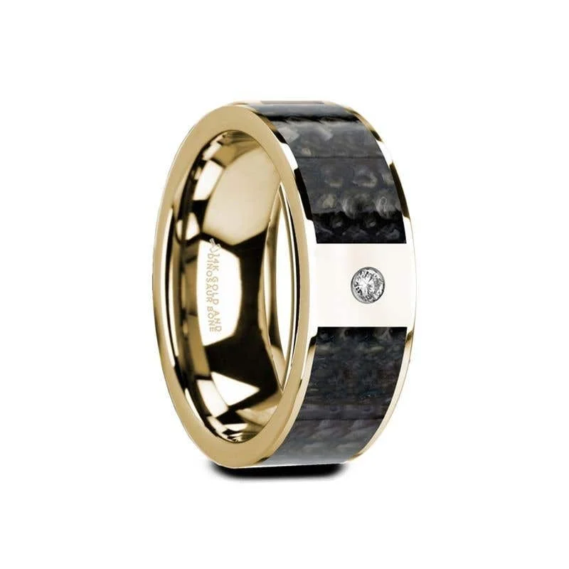 Ladies rings physical store locations-Thorsten GAUFRID Flat 14K Yellow Gold with Blue Dinosaur Bone Inlay & White Diamond Setting - 8mm