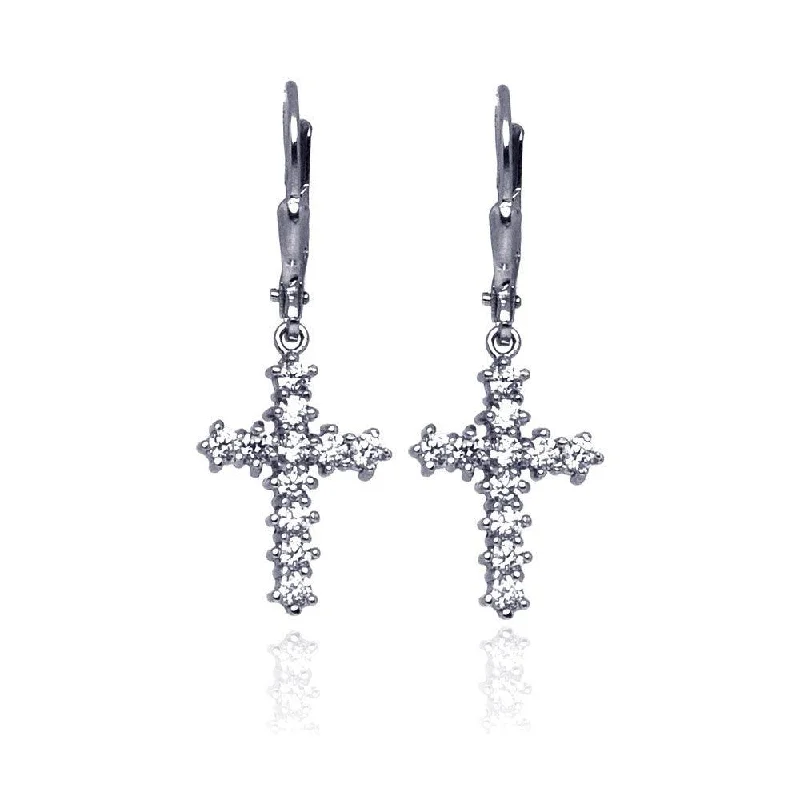 Ladies earrings custom engraving options-Silver 925 Rhodium Plated Cross CZ Dangling huggie hoop Earrings - STE00635