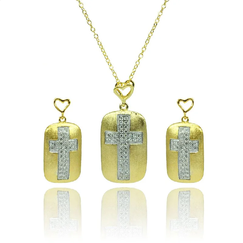 Ladies earrings soft curve earrings-Silver 925 Rhodium and Gold Plated Clear CZ Cross Center Open Heart Dangling Stud Earring and Necklace Set - BGS00382