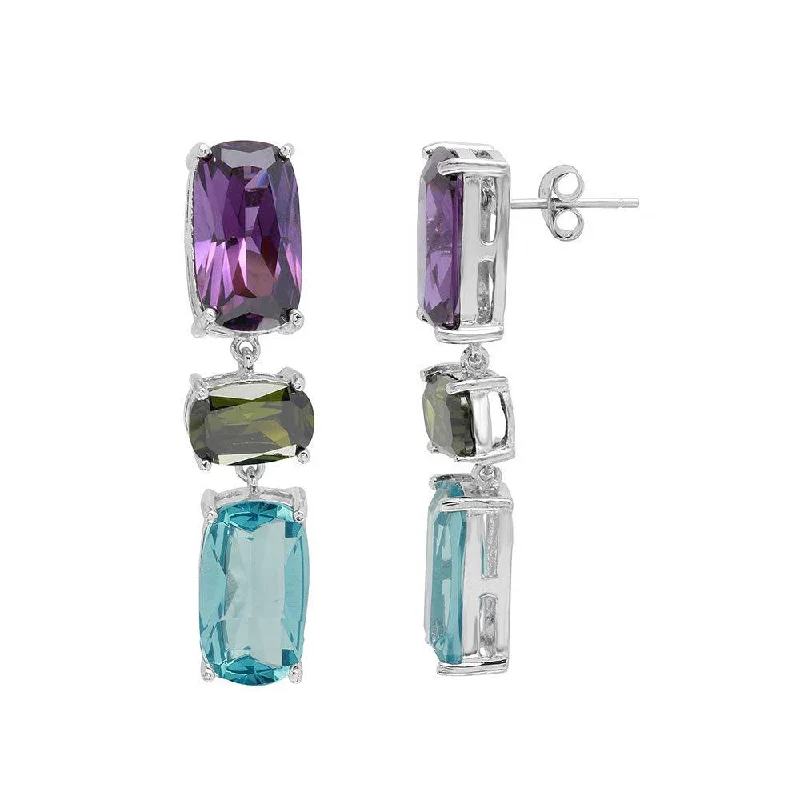 Ladies earrings domed shape styles-Rhodium Plated 925 Sterling Silver Multi Color CZ Drop Earrings - BGE00500