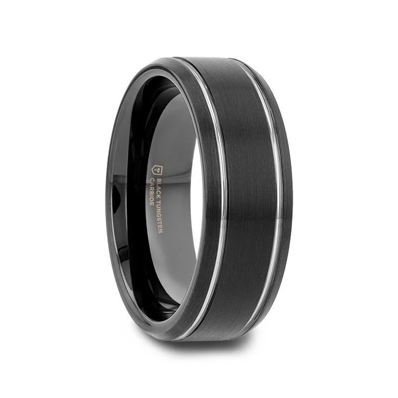 Ladies rings pure silver styles-Thorsten NOCTURNE Black Beveled Tungsten Carbide Band with Polished Grooves and Brushed Finish - 6mm or 8mm