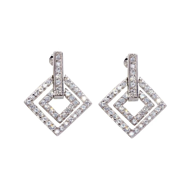 Ladies earrings personalized touch options-Silver 925 Rhodium Plated CZ Rectangular Stud Earrings - STE00028