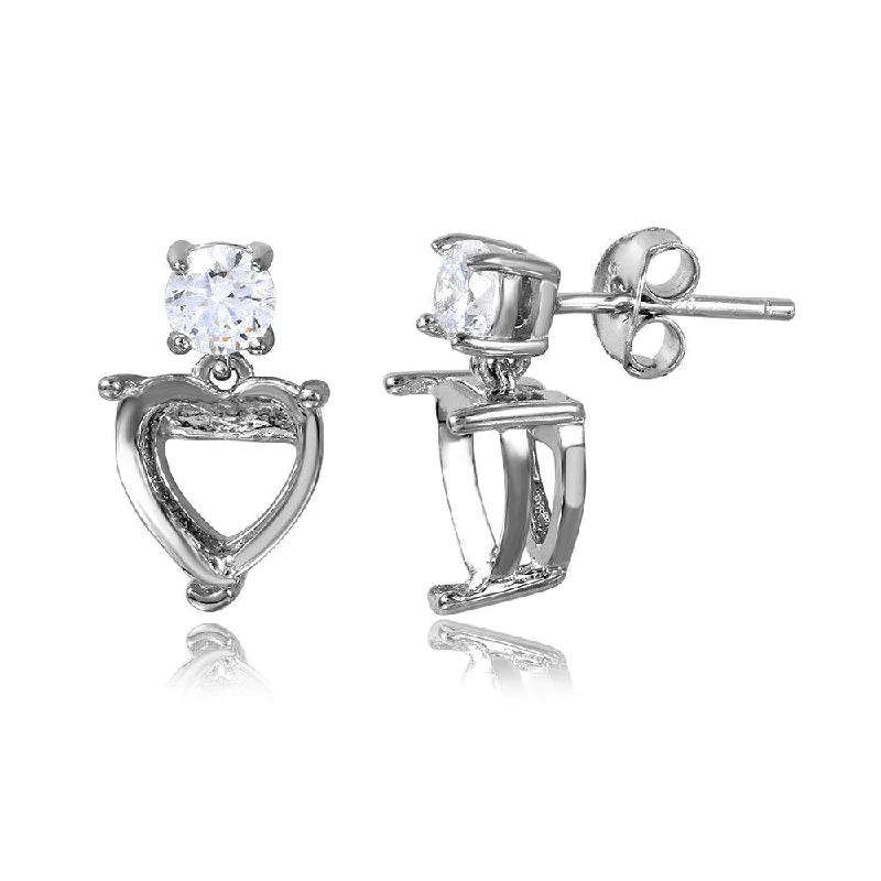 Ladies earrings pure silver styles-Silver 925 Rhodium Plated Personalized Mounting Heart with CZ Earrings - BGE00477