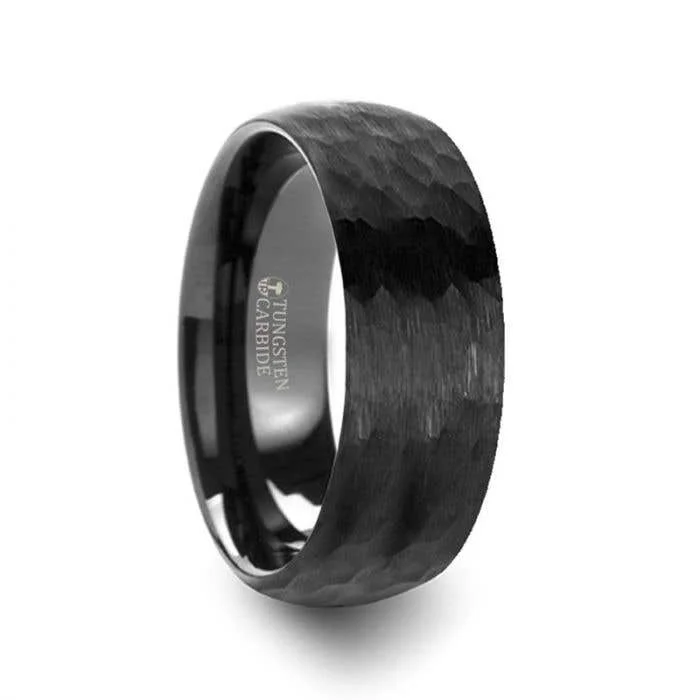 Ladies rings futuristic design styles-Thorsten RENEGADE Domed Hammer Finish Black Tungsten Carbide Wedding Band with Brushed Finish - 6mm or 8mm