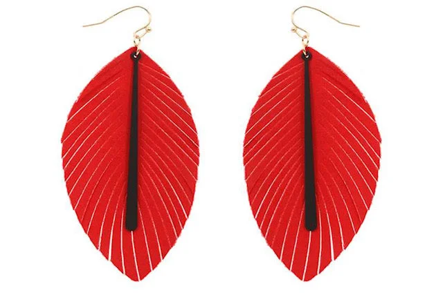 Ladies earrings champagne diamond designs-Red and Black Leather Feather with Bar Sport Earrings