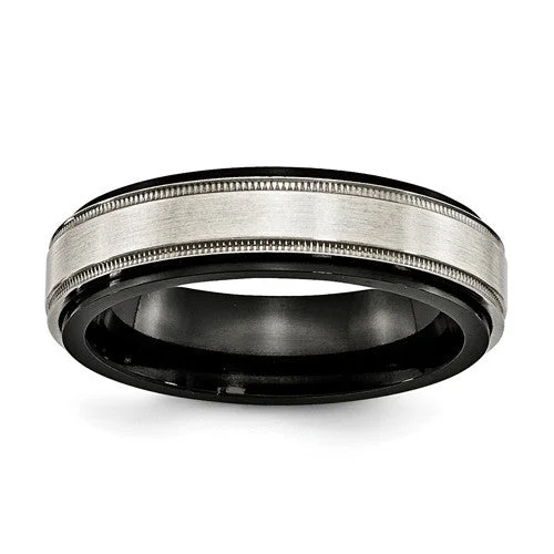 Ladies rings Korean fashion styles-Edward Mirell Black Titanium & Sterling Silver Satin & Polished Milgrain Band