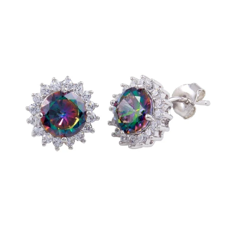 Ladies earrings fragile beauty styles-Rhodium Plated 925 Sterling Silver Halo Synthetic Mystic Topaz Earrings - BGE00615