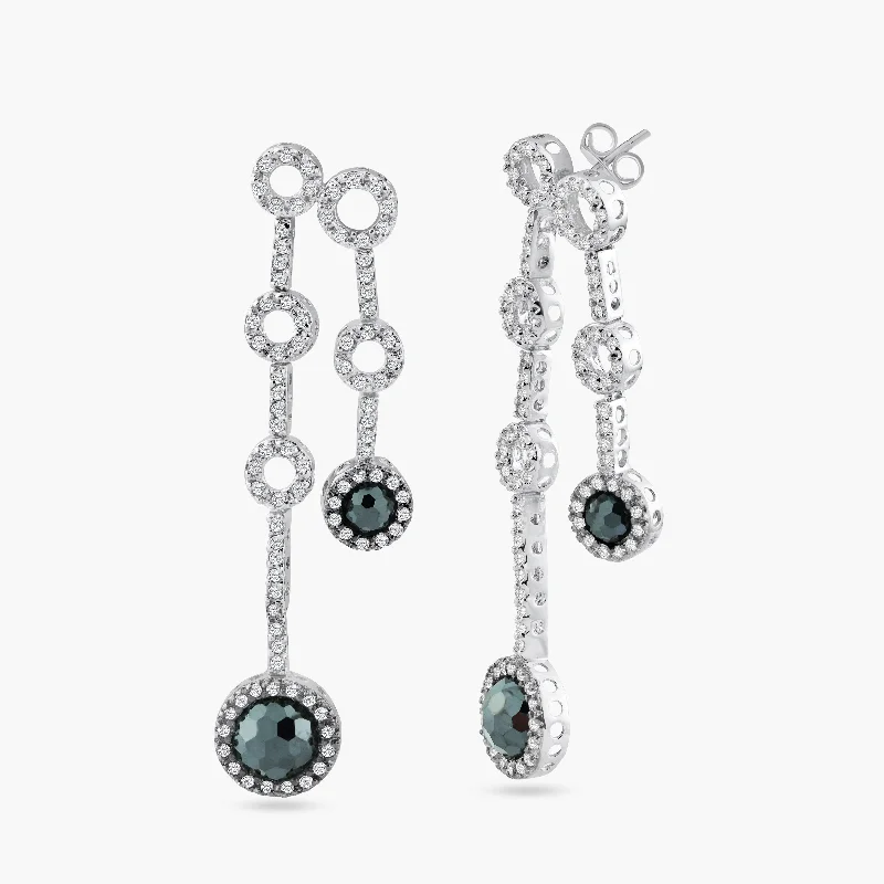 Ladies earrings brass vintage styles-Clearance-Silver 925 Black Rhodium and Rhodium Plated Round Black and Clear CZ Two Strand Dangling Stud Earrings - STE00431