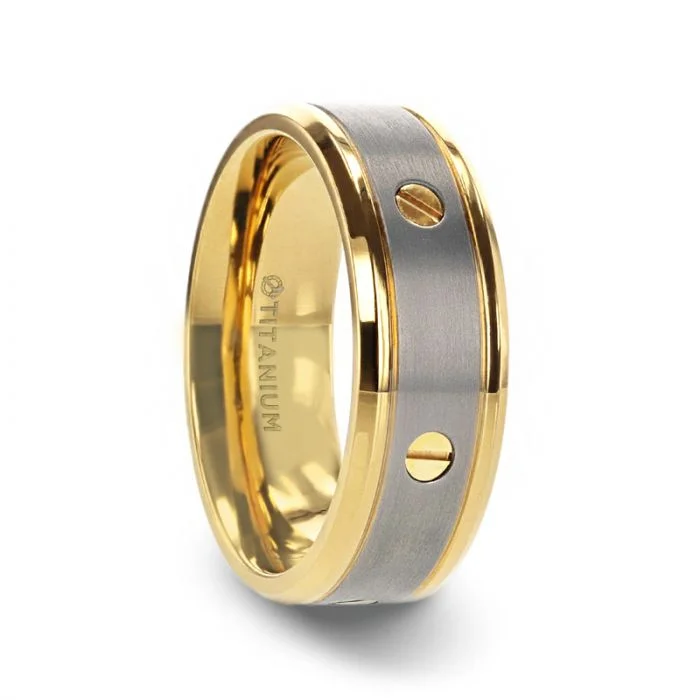 Ladies rings social media trends-Thorsten BOUNDLESS Gold-Plated Titanium Flat Brushed Center With Rotating Screw Design And Beveled Polished Edges - 8mm