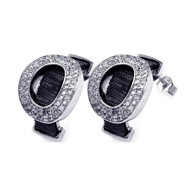 Ladies earrings festive season styles-Clearance-Silver 925 Black and Silver Rhodium Plated Oval Letter O CZ Stud Earrings - BGE00134