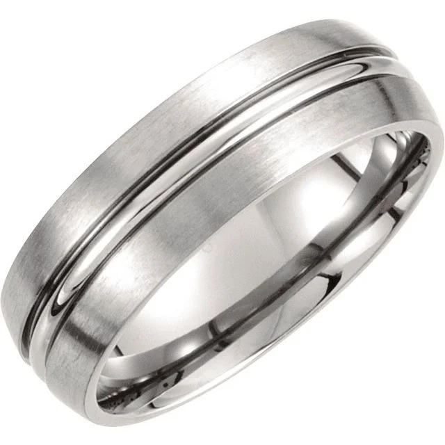 Ladies rings distressed look styles-Titanium 7 mm Grooved & Satin Finished Band Size 10