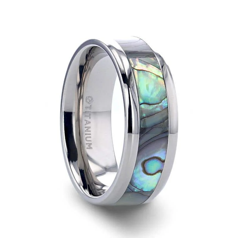 Ladies rings compact size styles-Thorsten KAUI Titanium Polished Finish Mother Of Pearl Inlaid Men’s Beveled Wedding Band - 6mm & 8mm