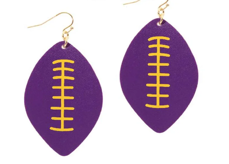 Ladies earrings vintage modern designs-College Football Leather Sport Earrings Purple and Yellow