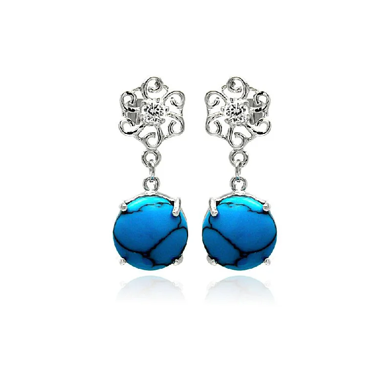 Ladies earrings minimalist art styles-Silver 925 Rhodium Plated Turquoise Clear CZ Flower Dangling Stud Earrings - BGE00260