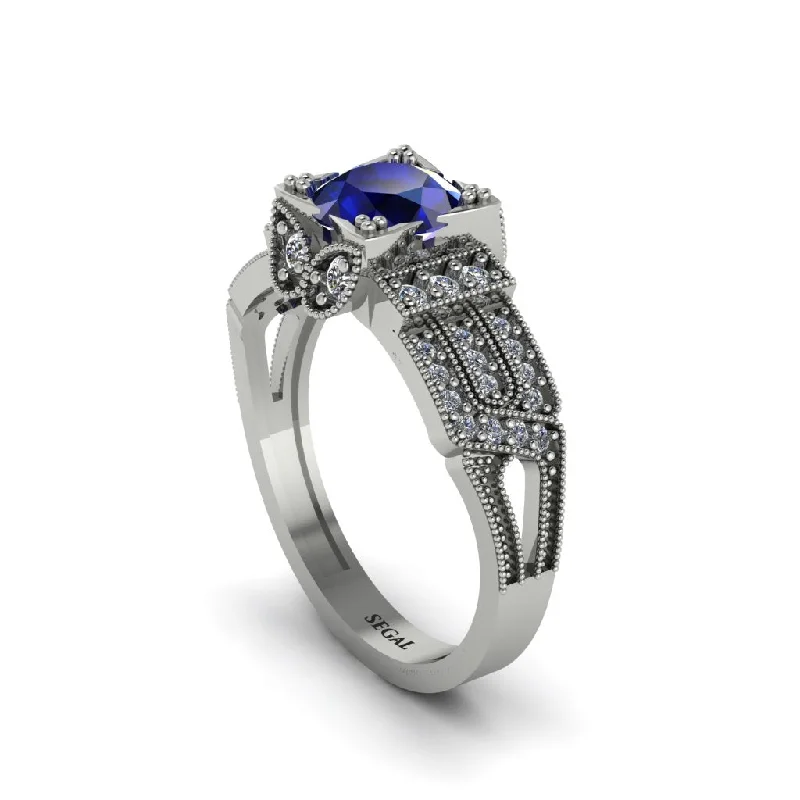 Ladies engagement rings floral diamond bands-Sapphire Milgrain Gold Engagement Ring - Lyric No. 15