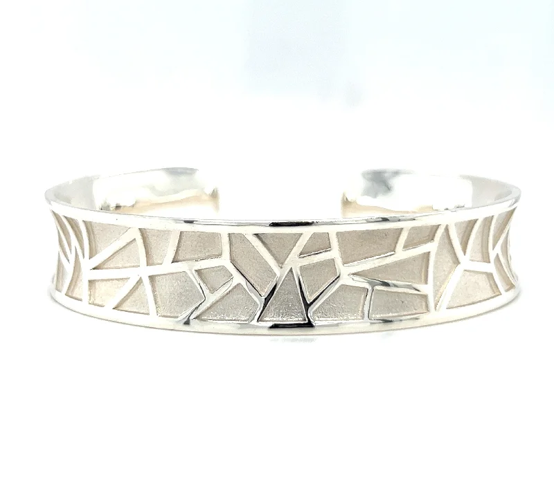 ladies bracelet glossy gold-Sterling Silver Mosaic Style Cuff Bracelet