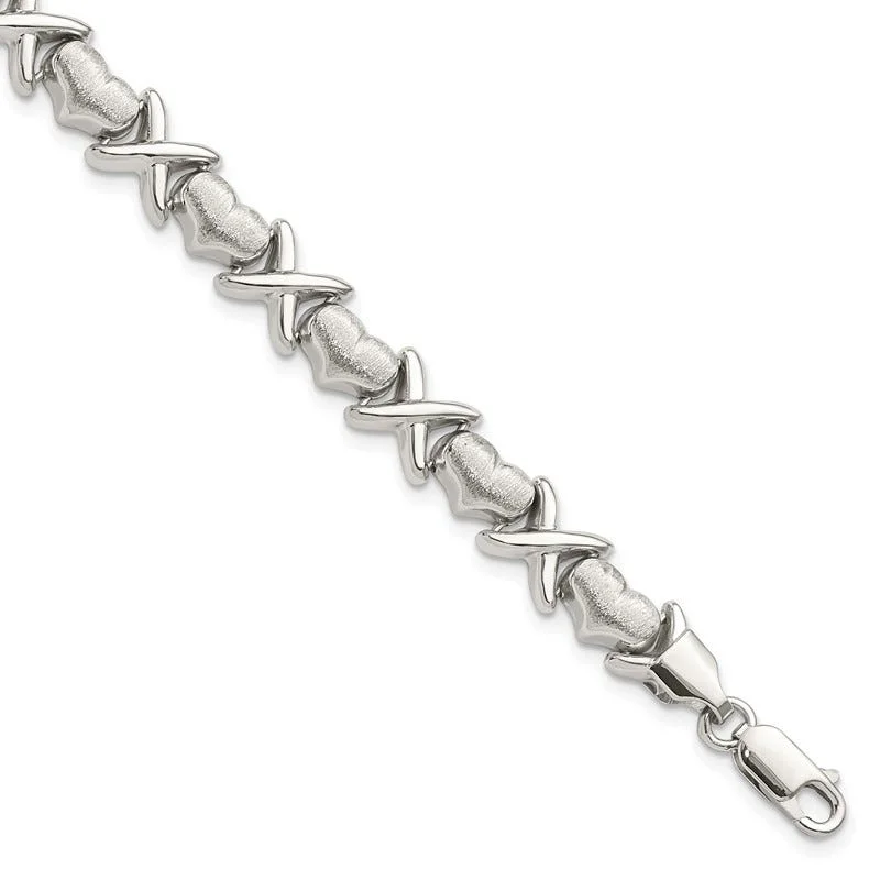 ladies bracelet pave engraved-Sterling Silver Polished and Satin X and Hearts Bracelet