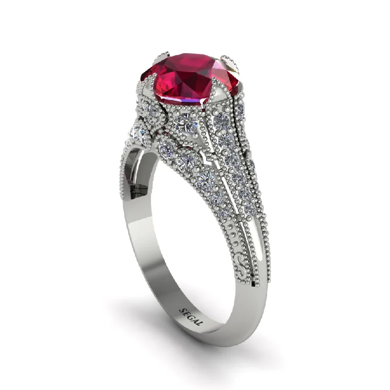 Ladies engagement rings twisted diamond cuts-Ruby Vintage Crown Engagement Ring - Talia No. 12