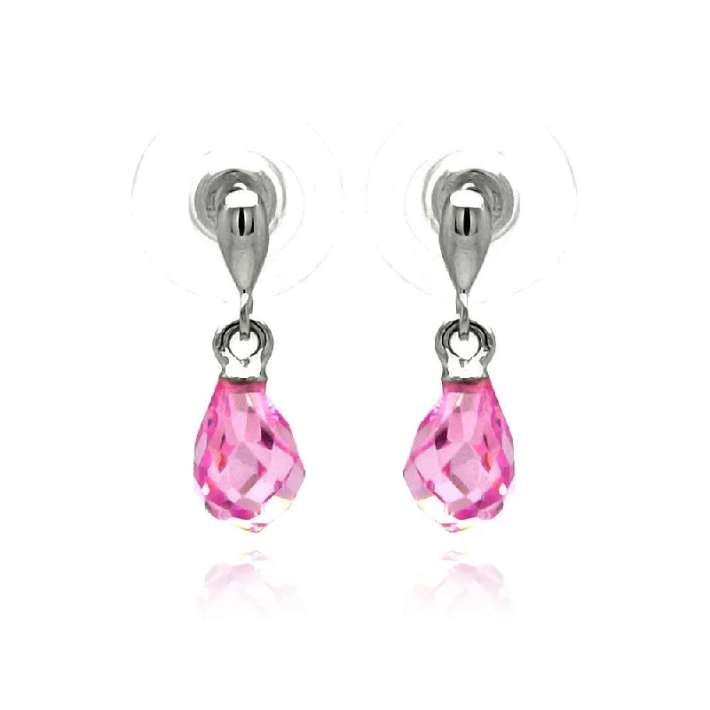 Ladies earrings girlfriend surprise picks-Silver 925 Rhodium Plated Pear Teardrop Pink CZ Dangling Stud Earrings - BGE00235