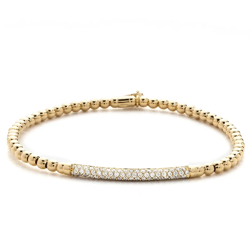 ladies bracelet delicate halo-Hulchi Belluni Bracelet with Pave Diamond ID Bar Yellow Gold Stretch Stackable 20344M-YW