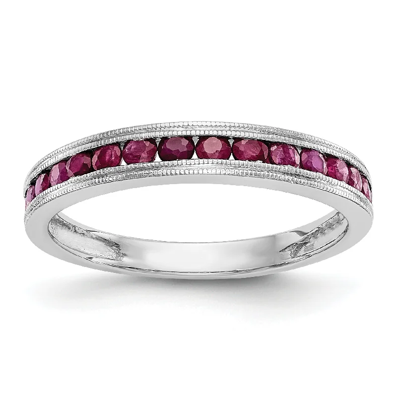 Ladies rings organic shape designs-14k White Gold Ruby Milgrain Channel Set Anniversary Band