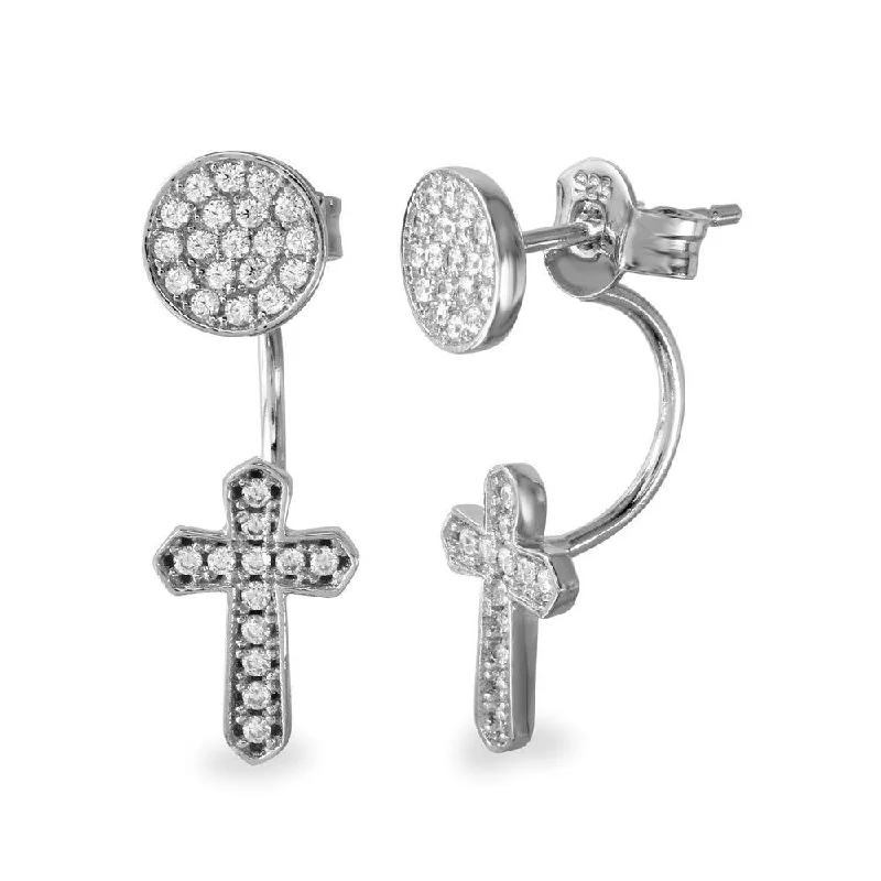 Ladies earrings polished shiny designs-Rhodium Plated 925 Sterling Silver Circle and Dropped Cross CZ Front and Back Earrings - BGE00537