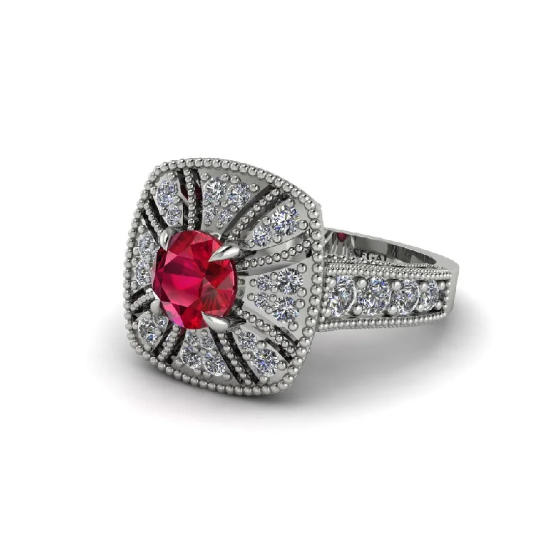 Ladies engagement rings white gold solitaires-Ruby Vintage-Inspired Halo Engagement Ring  - Lexi No. 12