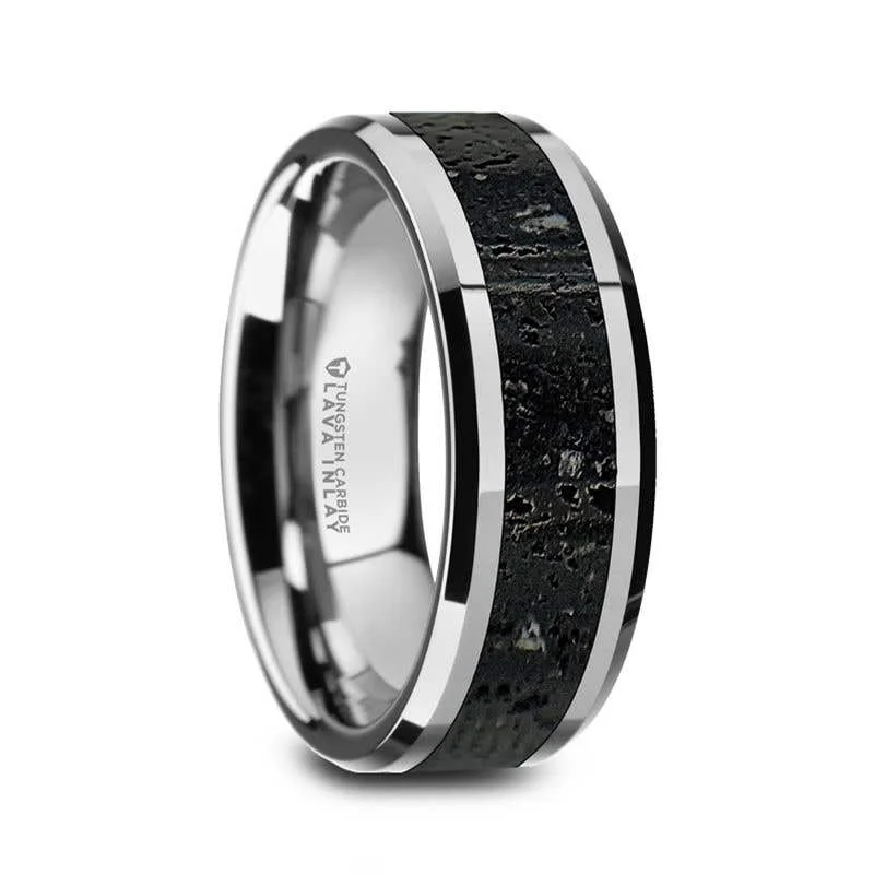 Ladies rings minimalist trend picks-Thorsten KILAUEA Tungsten 8mm Wedding Band with Black & Gray Lava Rock Stone Inlay & Polished Beveled Edges