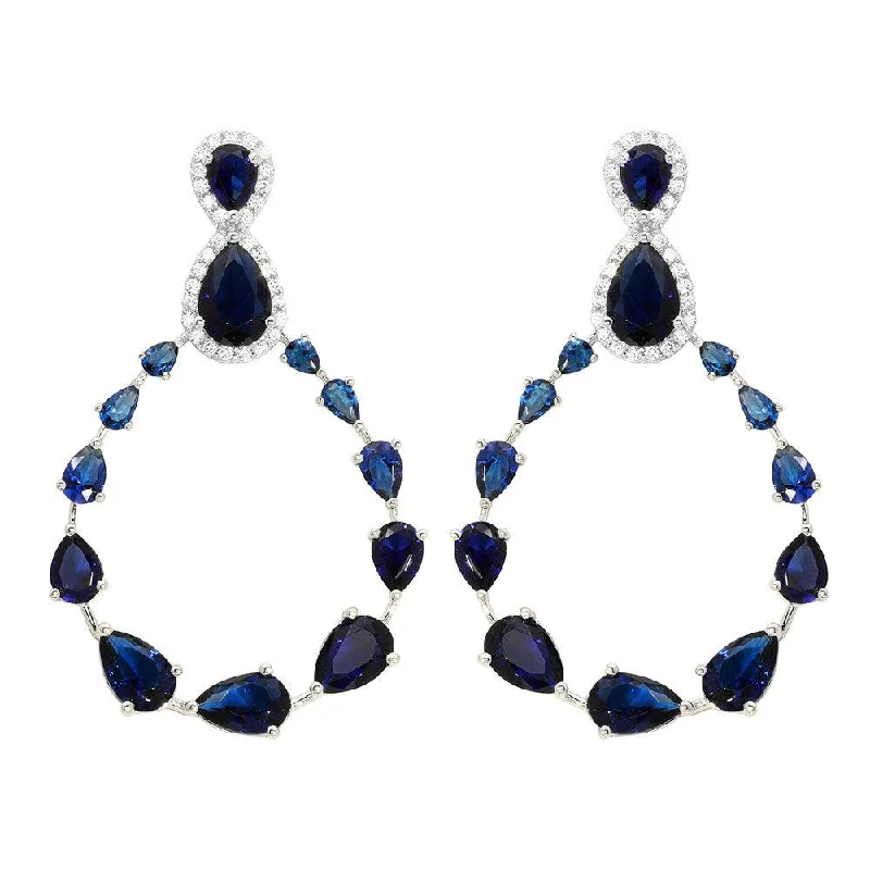 Ladies earrings neon bright earrings-Rhodium Plated 925 Sterling Silver Blue and Clear Teardrop with Open Hanging Graduated CZ Earrings - GME00104-BLU