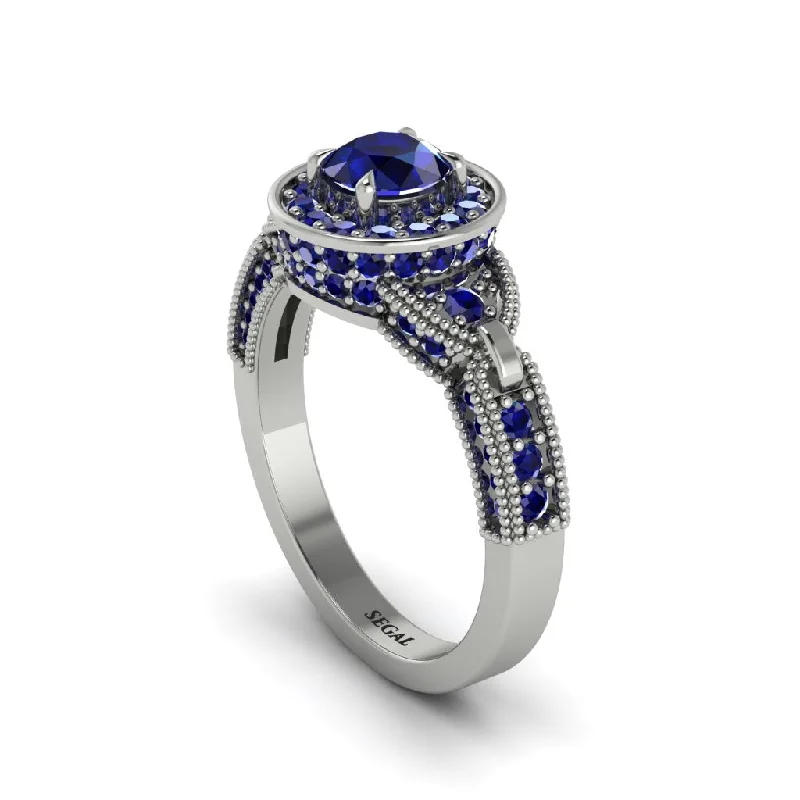 Ladies engagement rings geometric diamond cuts-Sapphire Double Halo Handmade Engagement Ring - Gracelyn No. 75