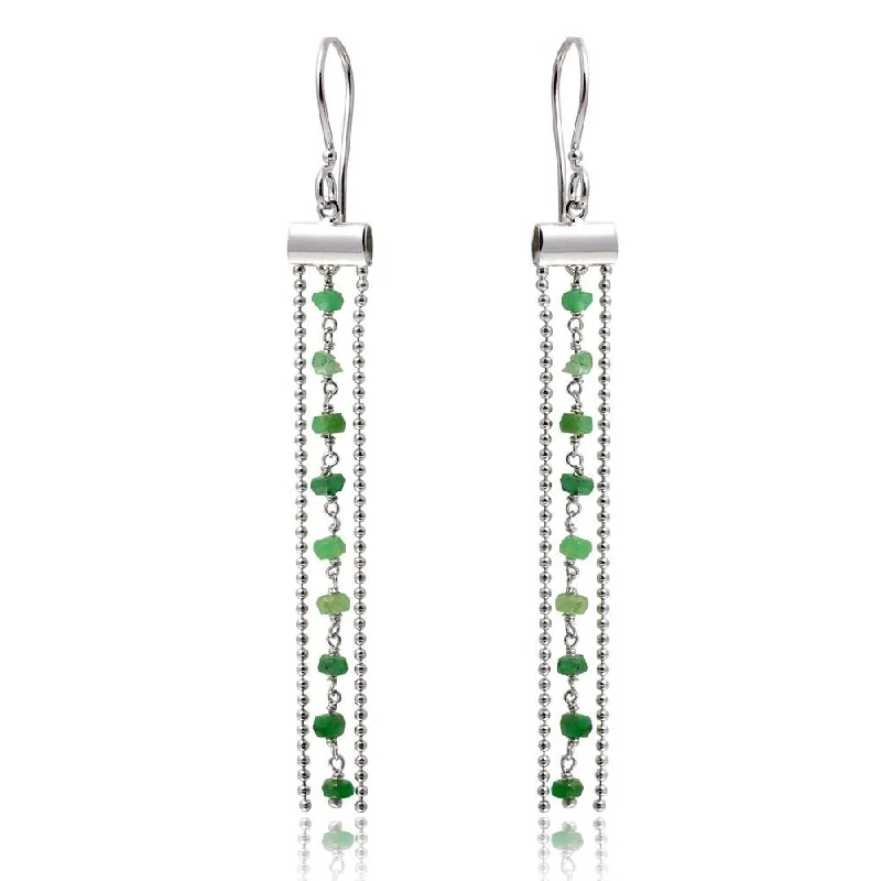 Ladies earrings eternity design picks-Rhodium Plated 925 Sterling Silver Dangling Tassel Earrings with Green Beads - DIE00005RH-EM