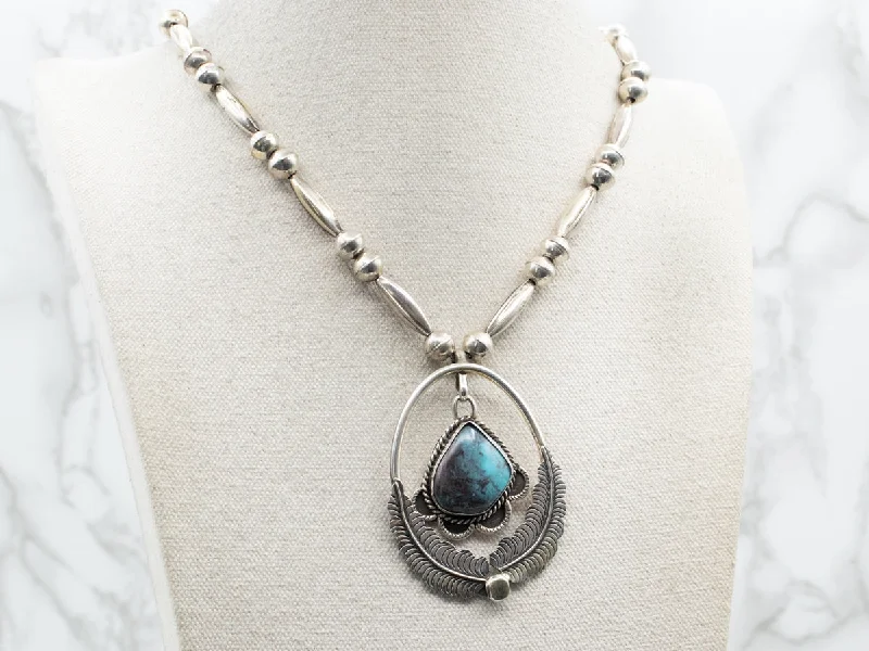 ladies necklace bib matte-Sterling Silver Native American Statement Necklace with Turquoise Swinging Pendant