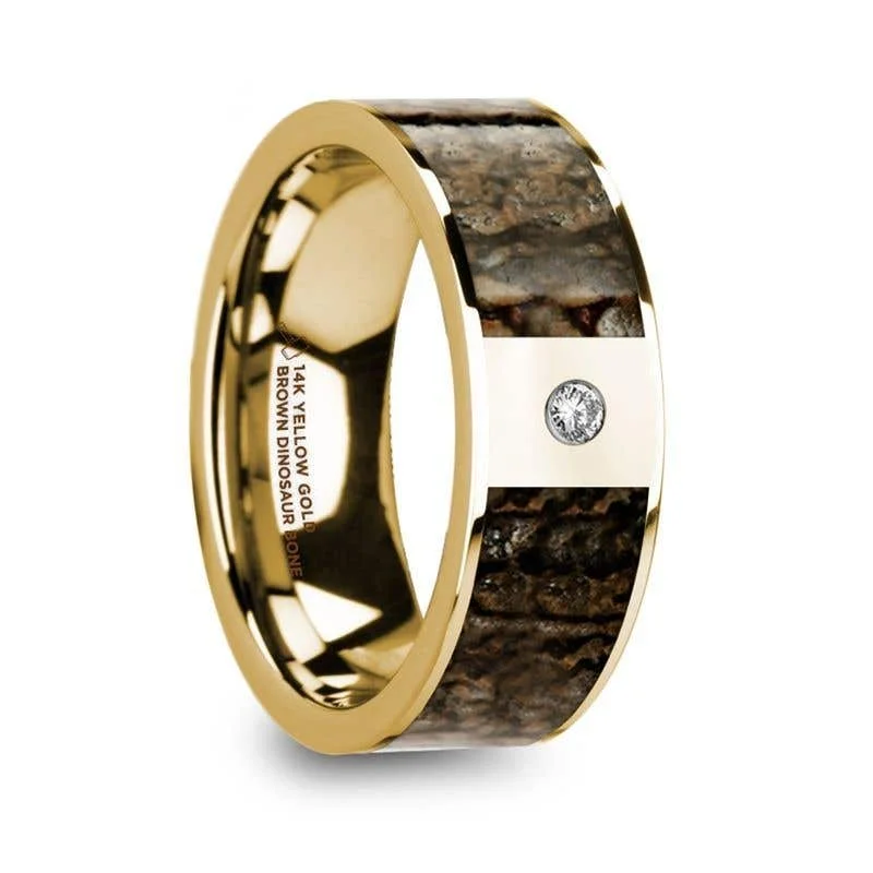 Ladies rings retro charm designs-Thorsten PHILANDROS 14k Yellow Gold with Brown Dinosaur Bone Inlay Men’s Wedding Band with Diamond - 8mm