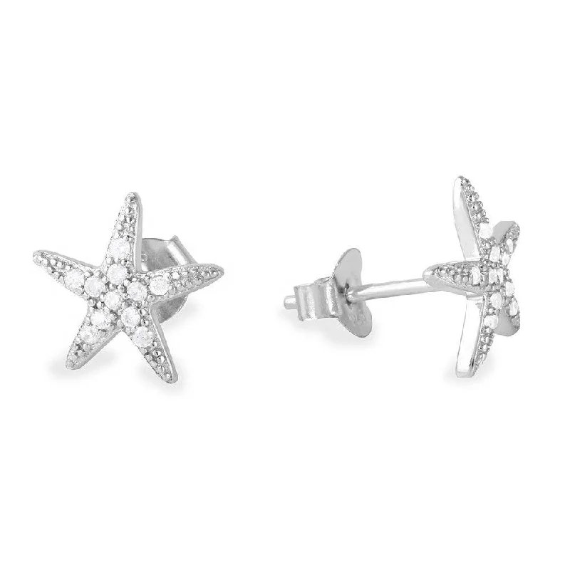 Ladies earrings perfect gift choices-Silver 925 Rhodium Plated CZ Star Earrings - BGE00481