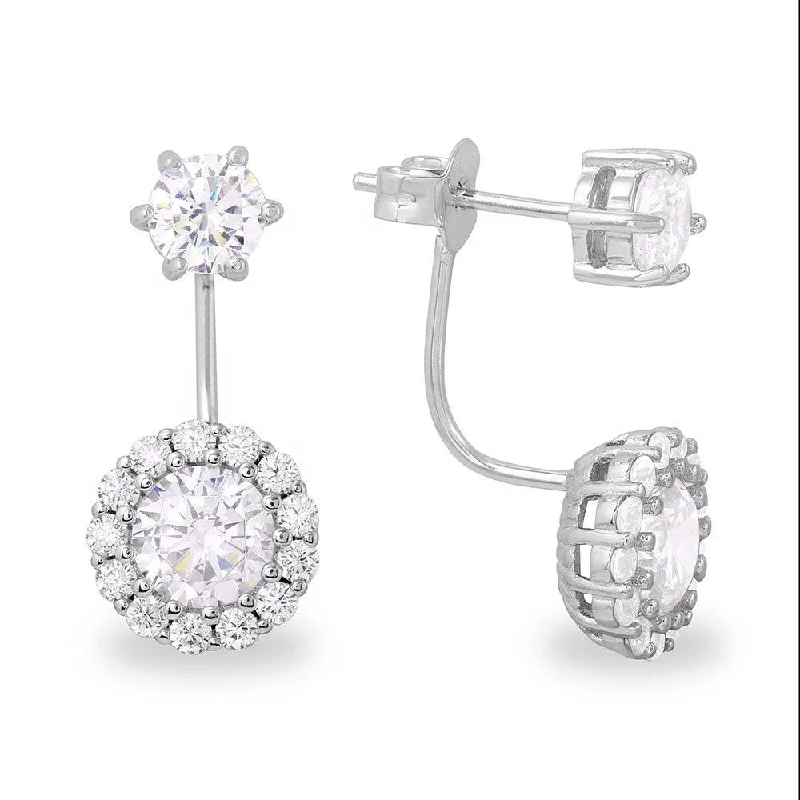 Ladies earrings classic vintage looks-Silver 925 Rhodium Plated CZ Halo Hanging Earrings - BGE00480