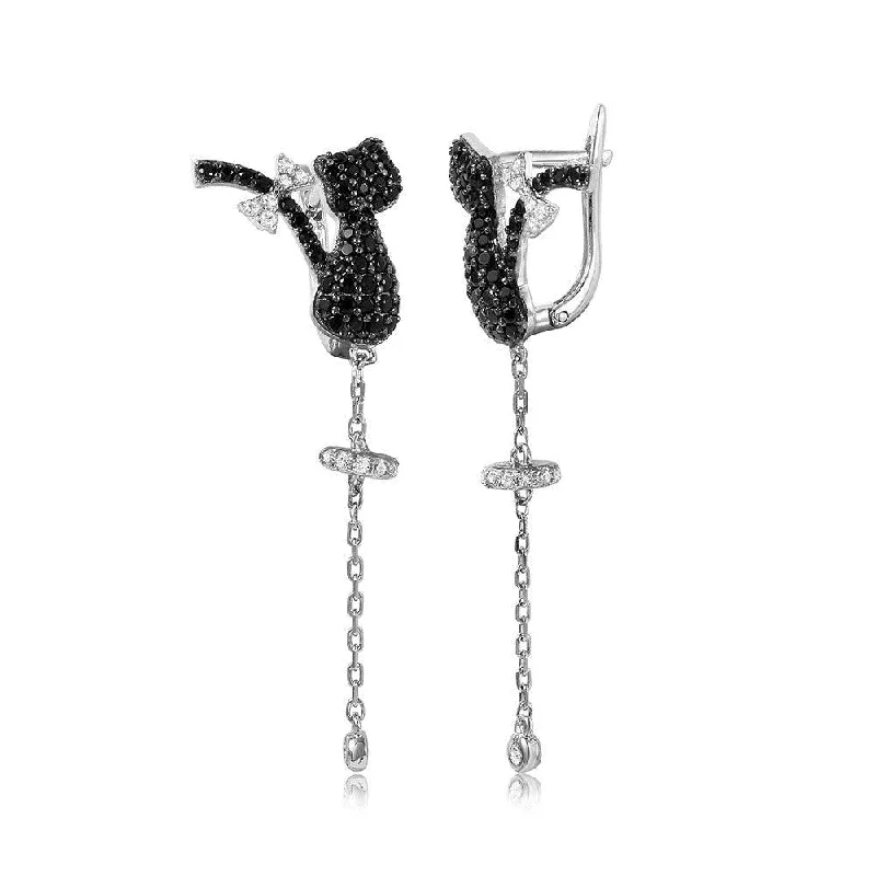 Ladies earrings romantic matching sets-Silver 925 Rhodium Plated Black CZ Cat with Hanging Tale Leverback Earrings - GME00044BR-BLACK