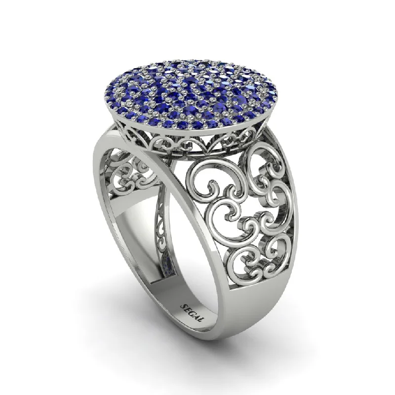 Ladies engagement rings luxurious solitaires-Sapphire Signet Filigree Pave Engagement Ring - Rylie No. 15