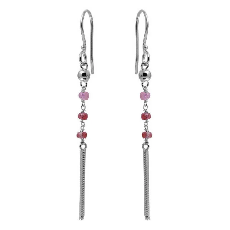 Ladies earrings architectural style designs-Rhodium Plated 925 Sterling Silver Dangling 3 Dark Red Bead with Matte Rhodium Bar Earrings - DIE00009RH-GR