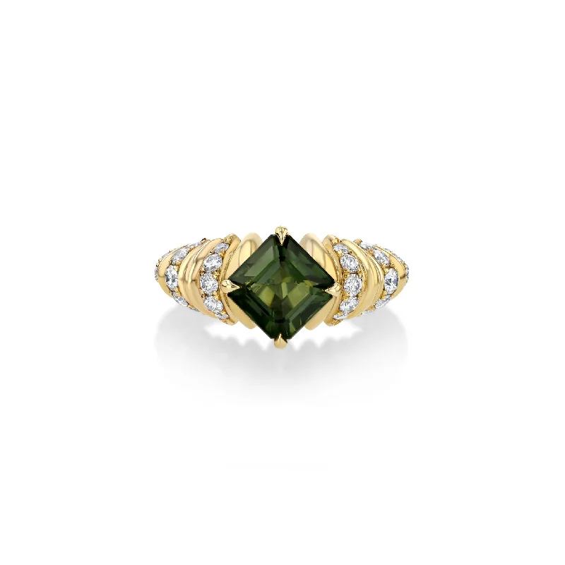 Ladies rings holographic effect rings-Pave Fluted Band with Green Asscher Tourmaline