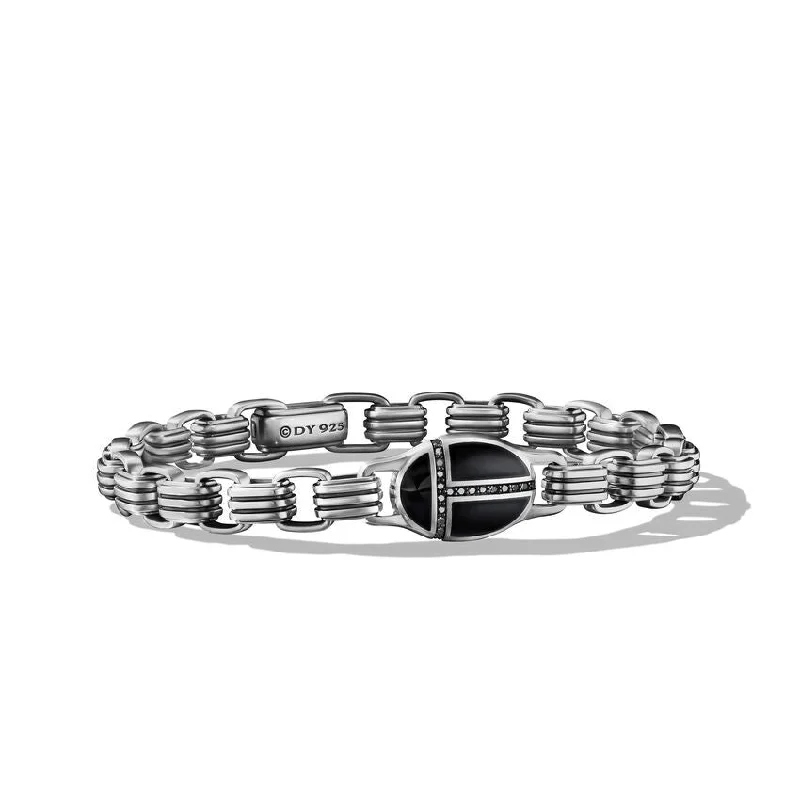 ladies bracelet holiday valentine’s-David Yurman Gents Cairo Chain Link Bracelet with Black Onyx and Pave Black Diamonds