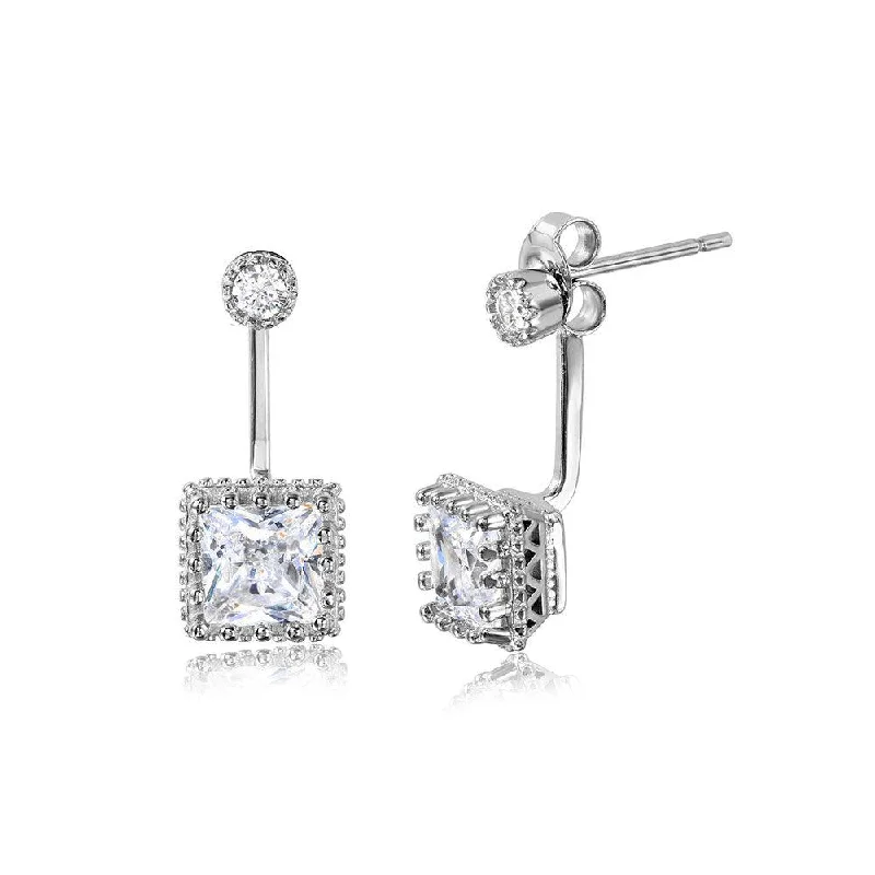 Ladies earrings conflict-free gemstones-Silver 925 Rhodium Plated Hanging Square Crown Front and Back Earrings - STE01043